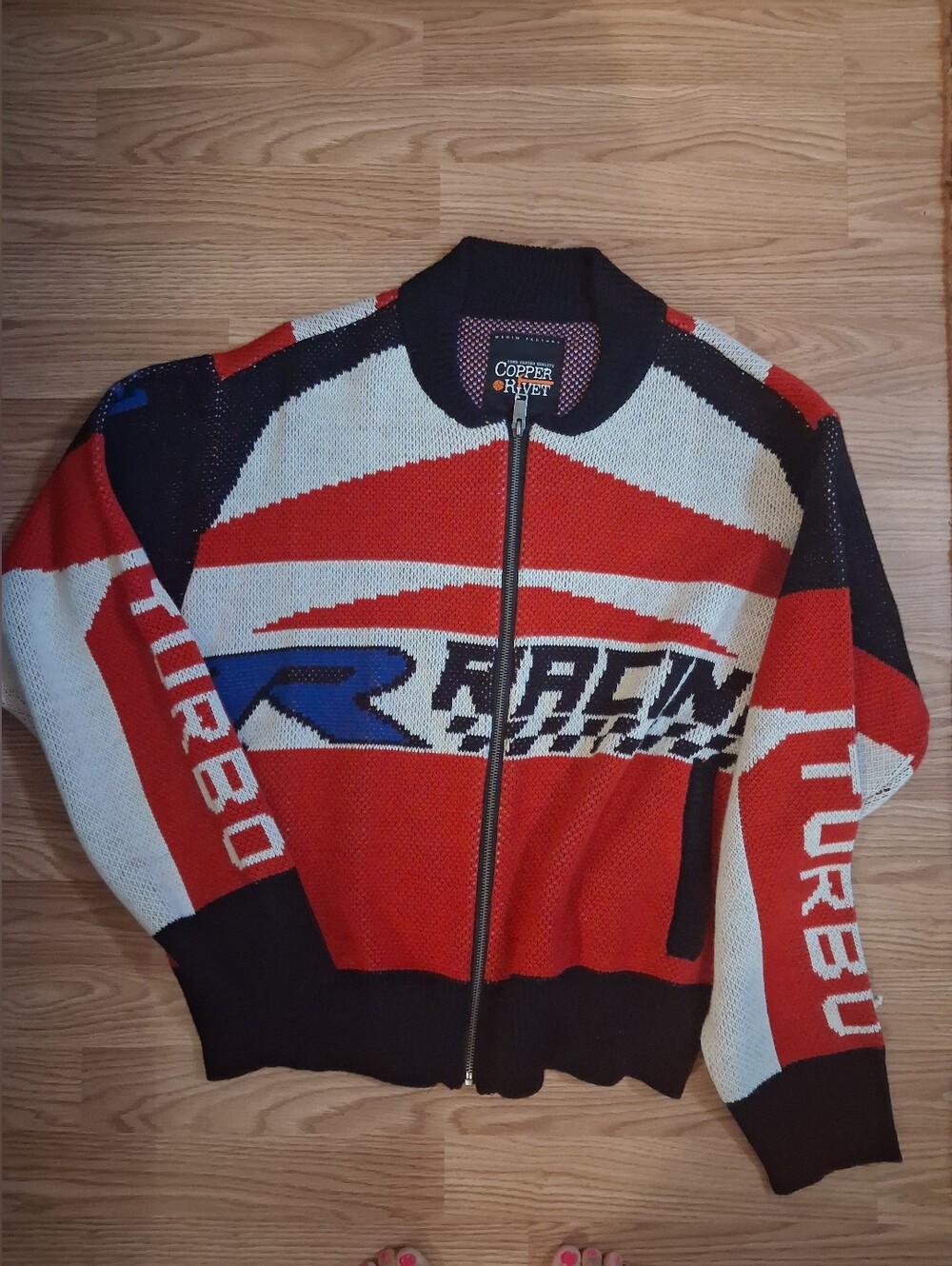 COPPER RIVET zip up racing sweater.  Mens.  Size Medium. Red, Black & White.